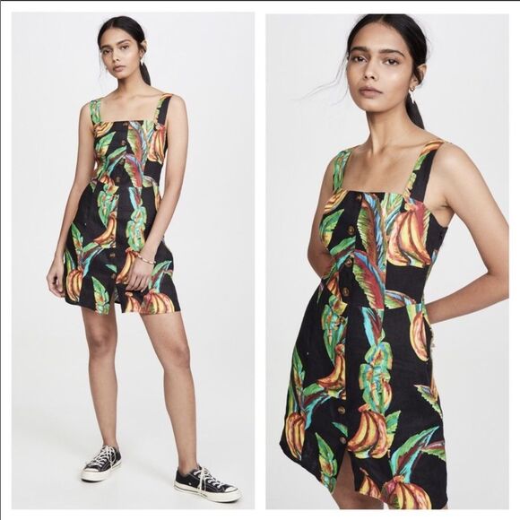 NWT FARM Rio Preta Black Bold Tropical Banana Print Square Neck Linen Mini Dress - Picture 3 of 11